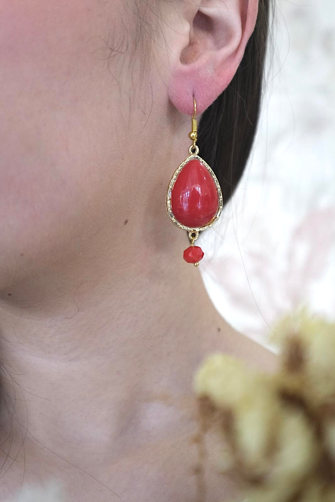 Orecchino Goccia con Perlina - ROSSO