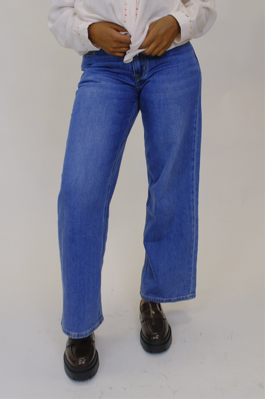 Jeans Largo Ricamo Fiori Tasca - DENIM SCURO