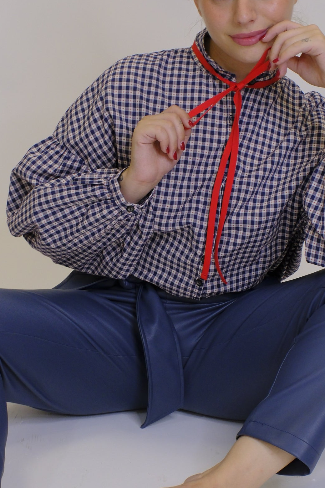Camicia Quadretti Nastro Sul Collo - BLUE