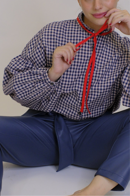 Camicia Quadretti Nastro Sul Collo - BLUE