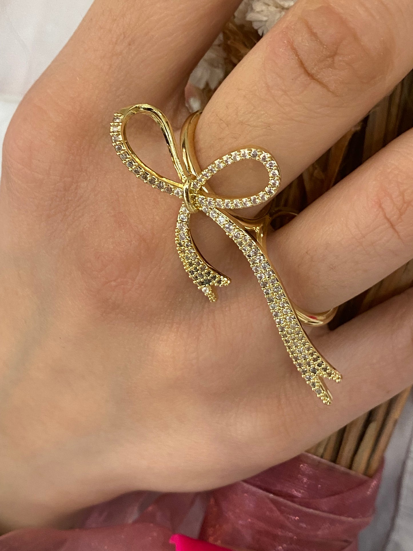 Anello Fiocco Strass Doppio - ORO