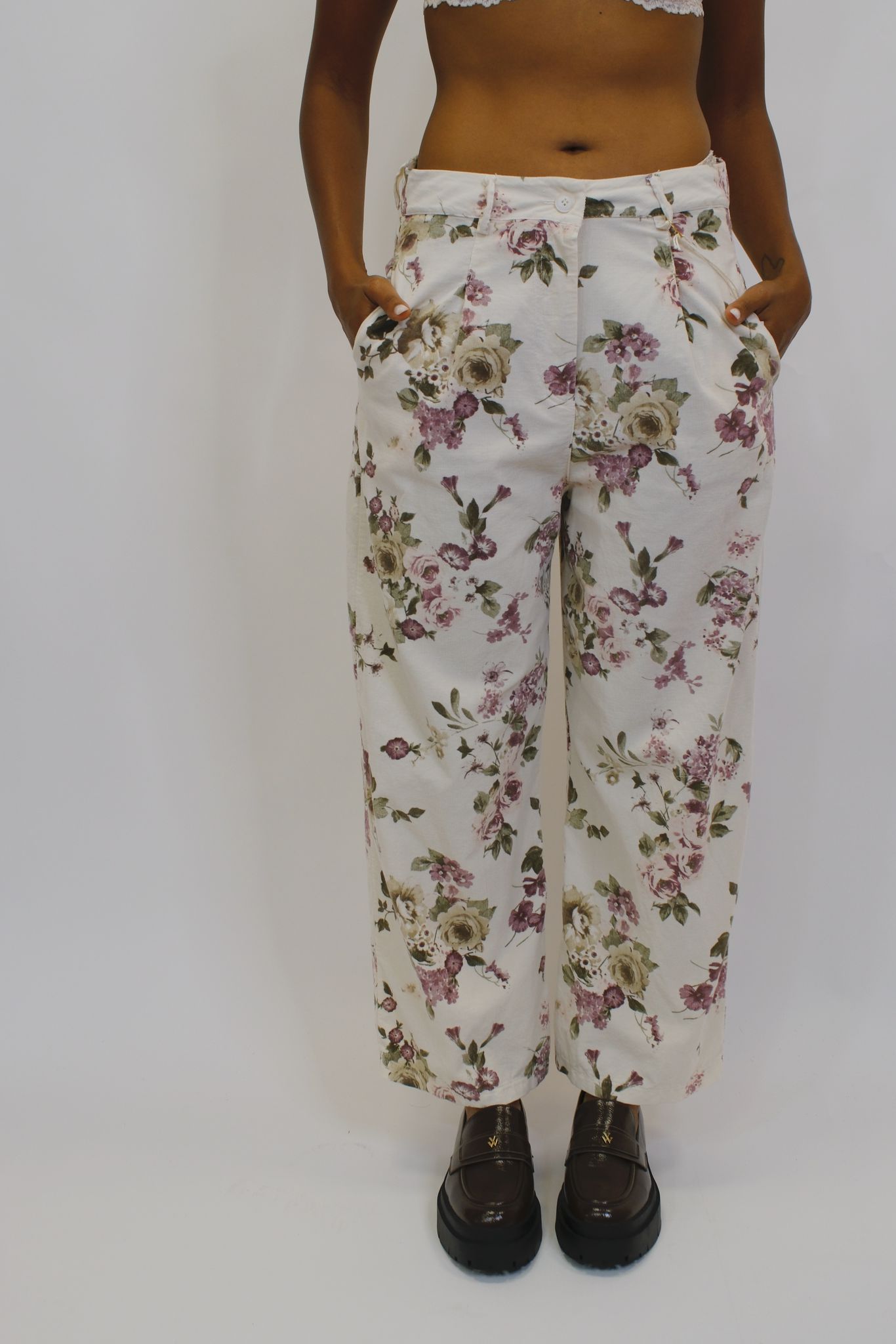 Pantalone Cotone Costine Floreale - PANNA
