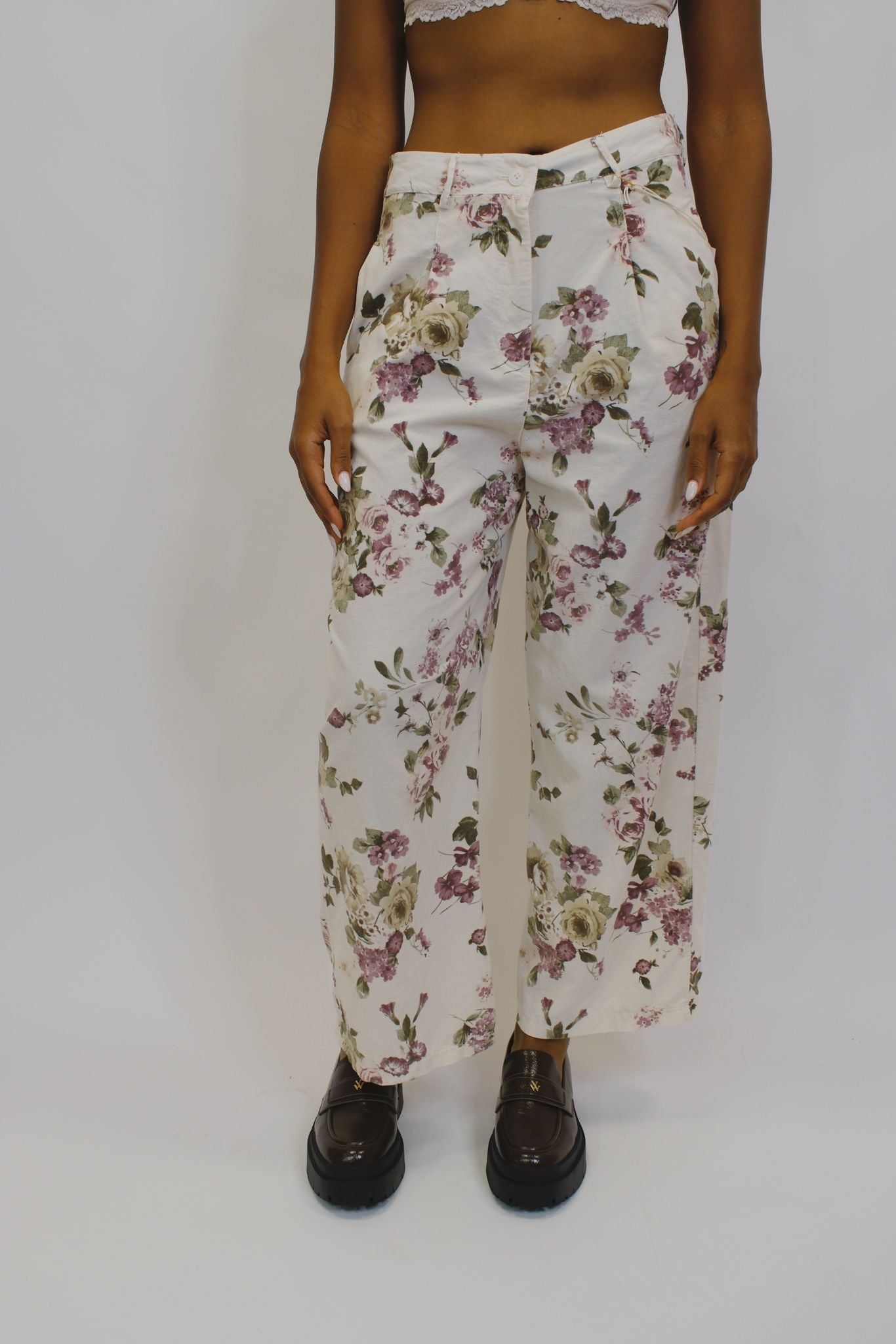 Pantalone Cotone Costine Floreale - PANNA