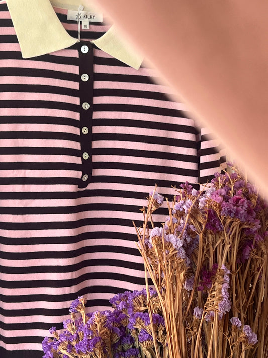 Maglia a righe colletto - ROSA/MARRONE