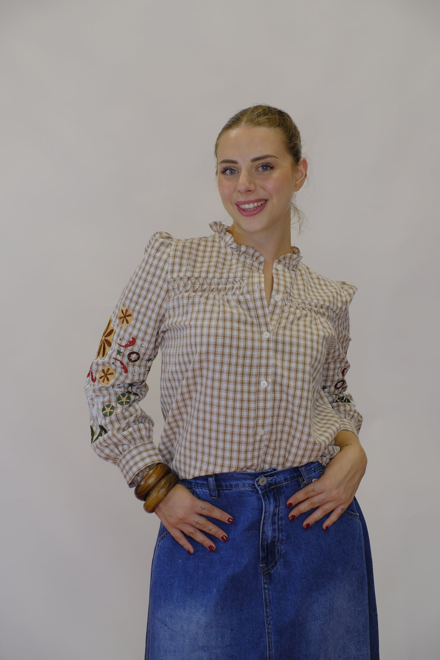 Camicia Country Ricami Manica - BEIGE