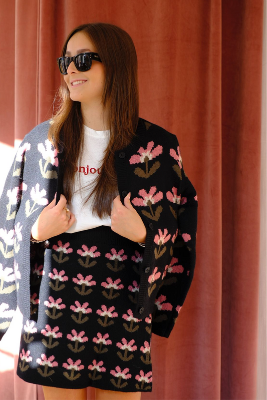 Cardigan girocollo fantasia fiori - NERO