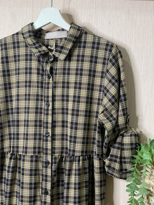 Abito 030 balze con cintura elasticizzato - TARTAN BEIGE/NERO