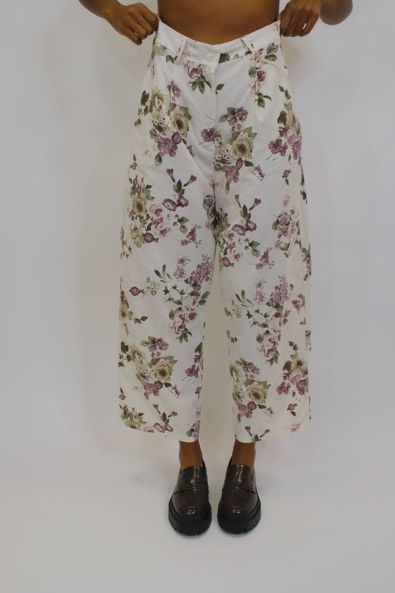 Pantalone Cotone Costine Floreale - PANNA