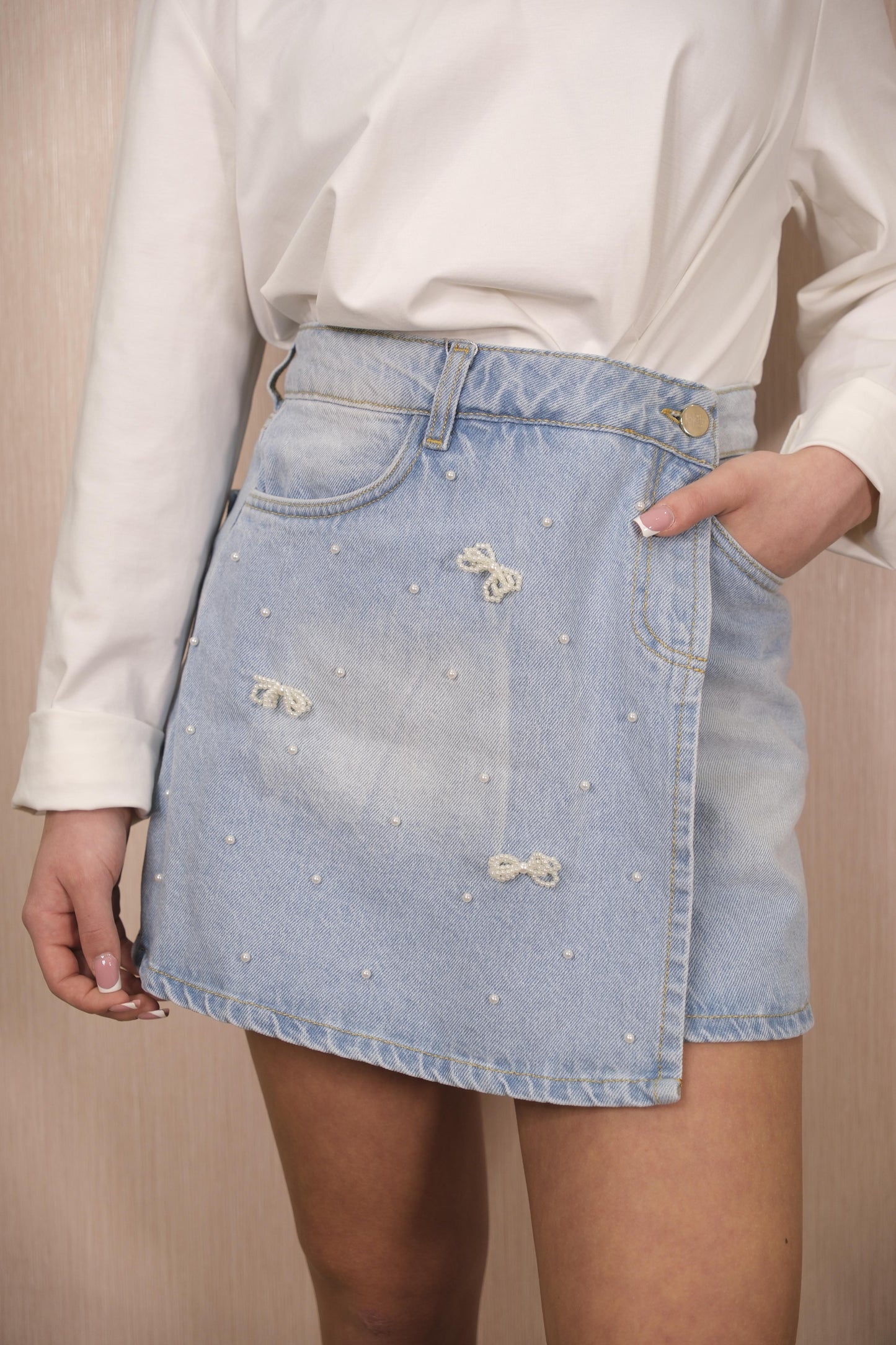 Gonna LOK622 fiocchi e perline - DENIM CHIARO