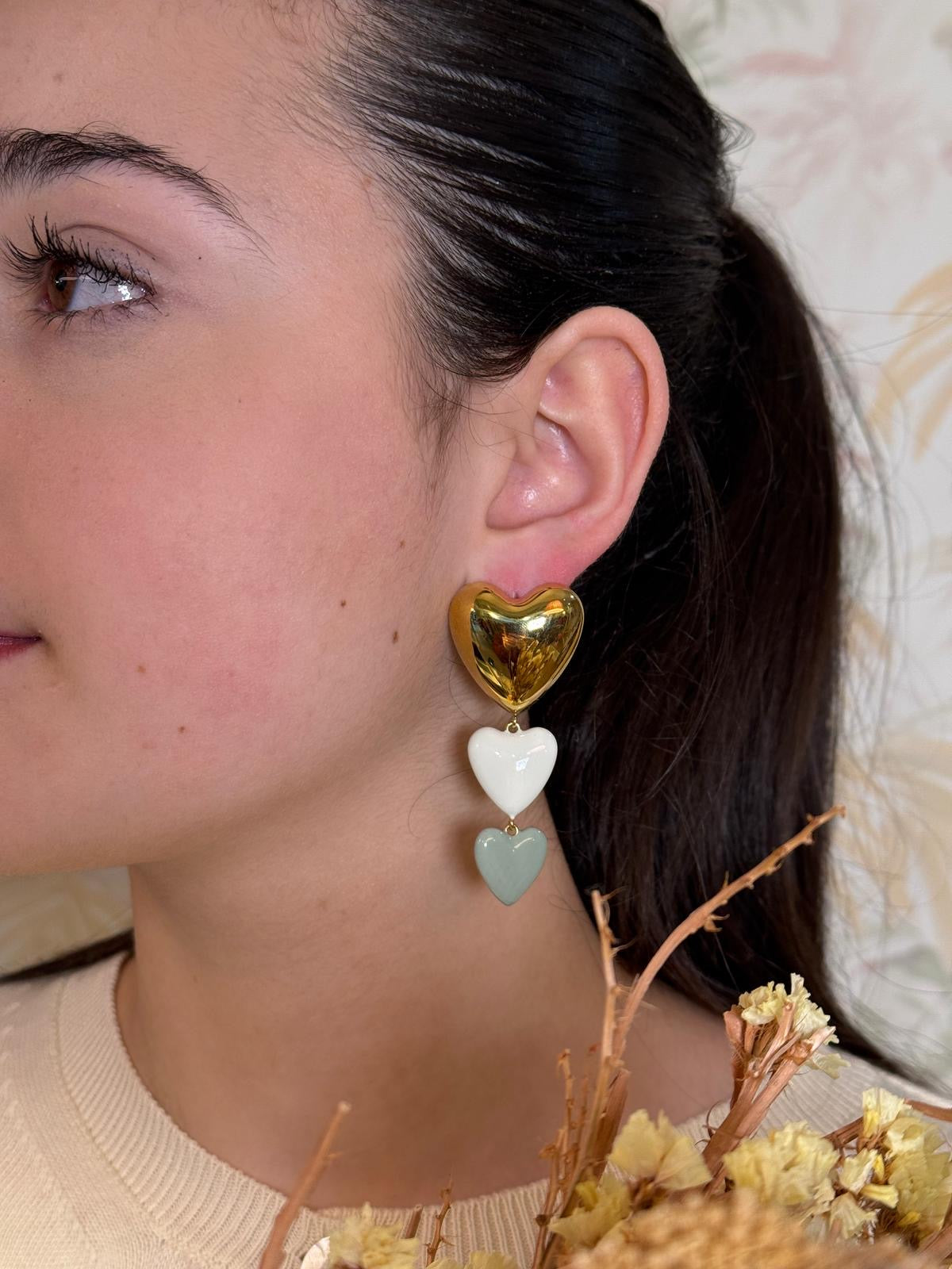 Orecchini IK25 Pendente 3 Cuori - VERDE ACQUA