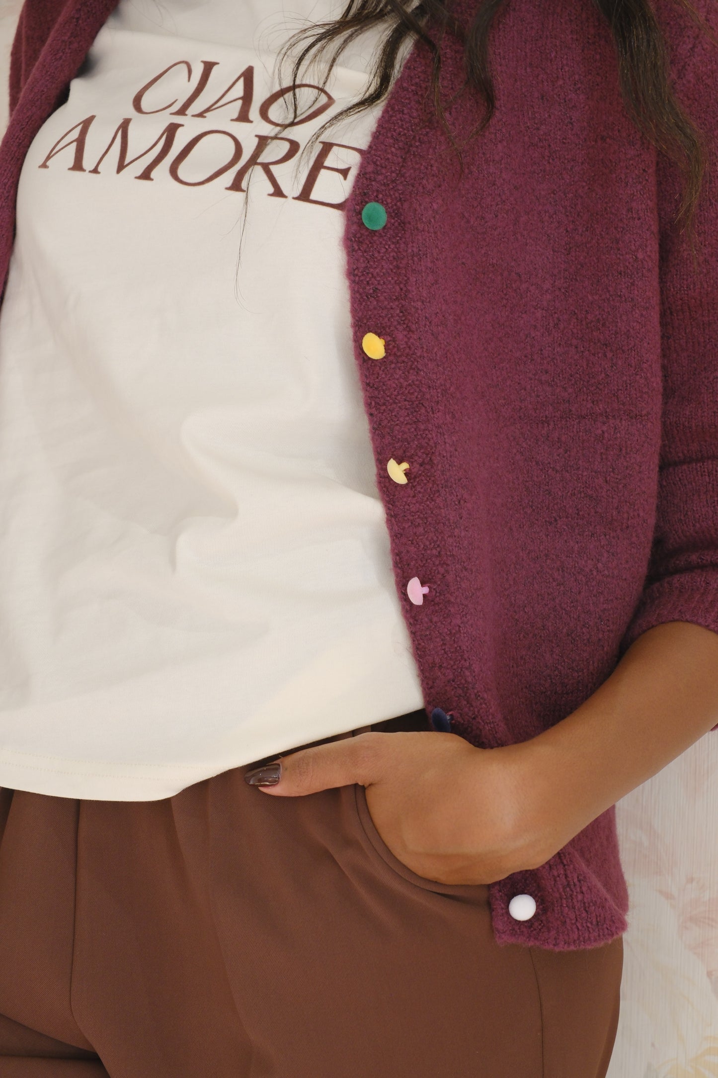 Cardigan scollo V bottoni colorati - BORDEAUX