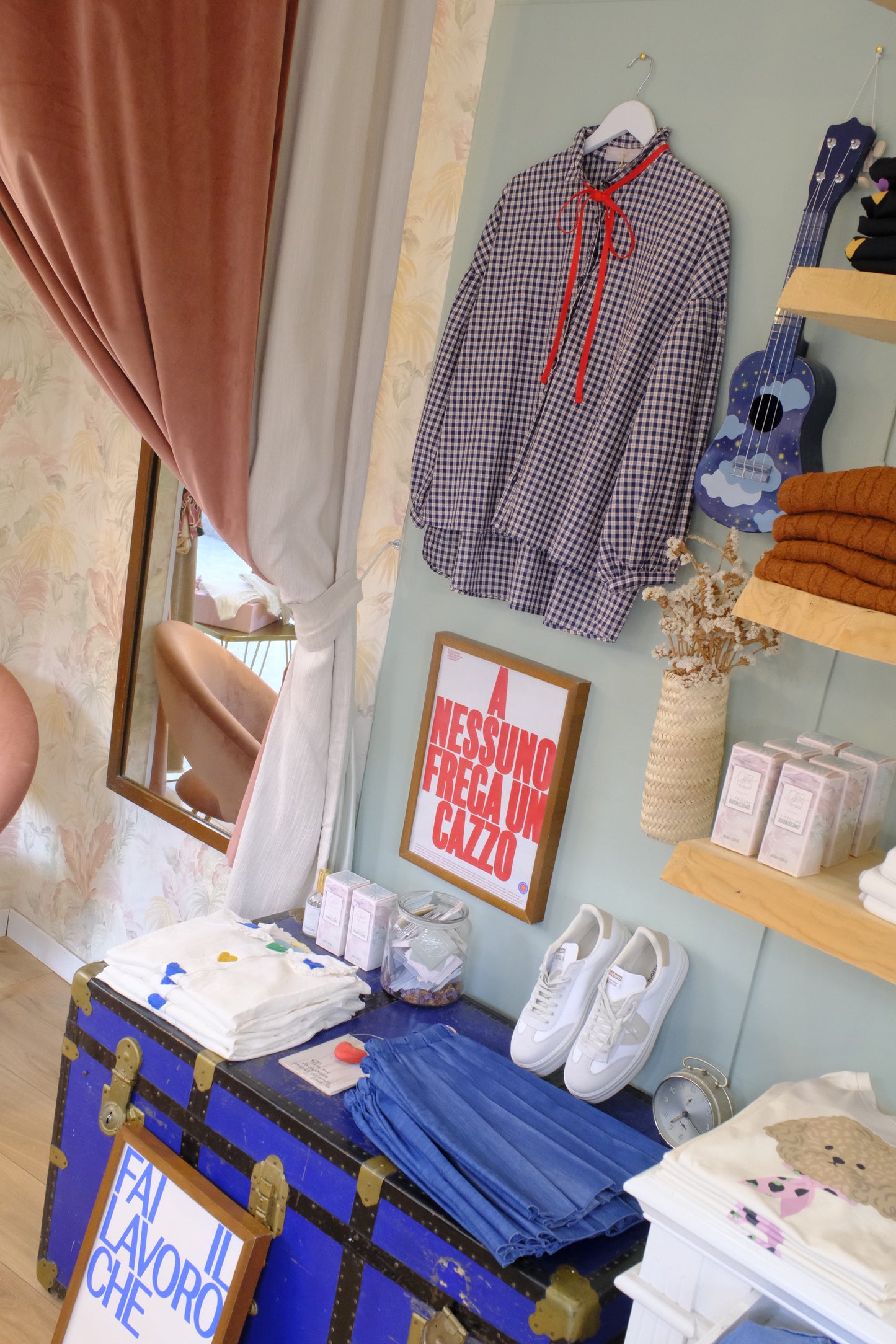 Camicia Quadretti Nastro Sul Collo - BLUE