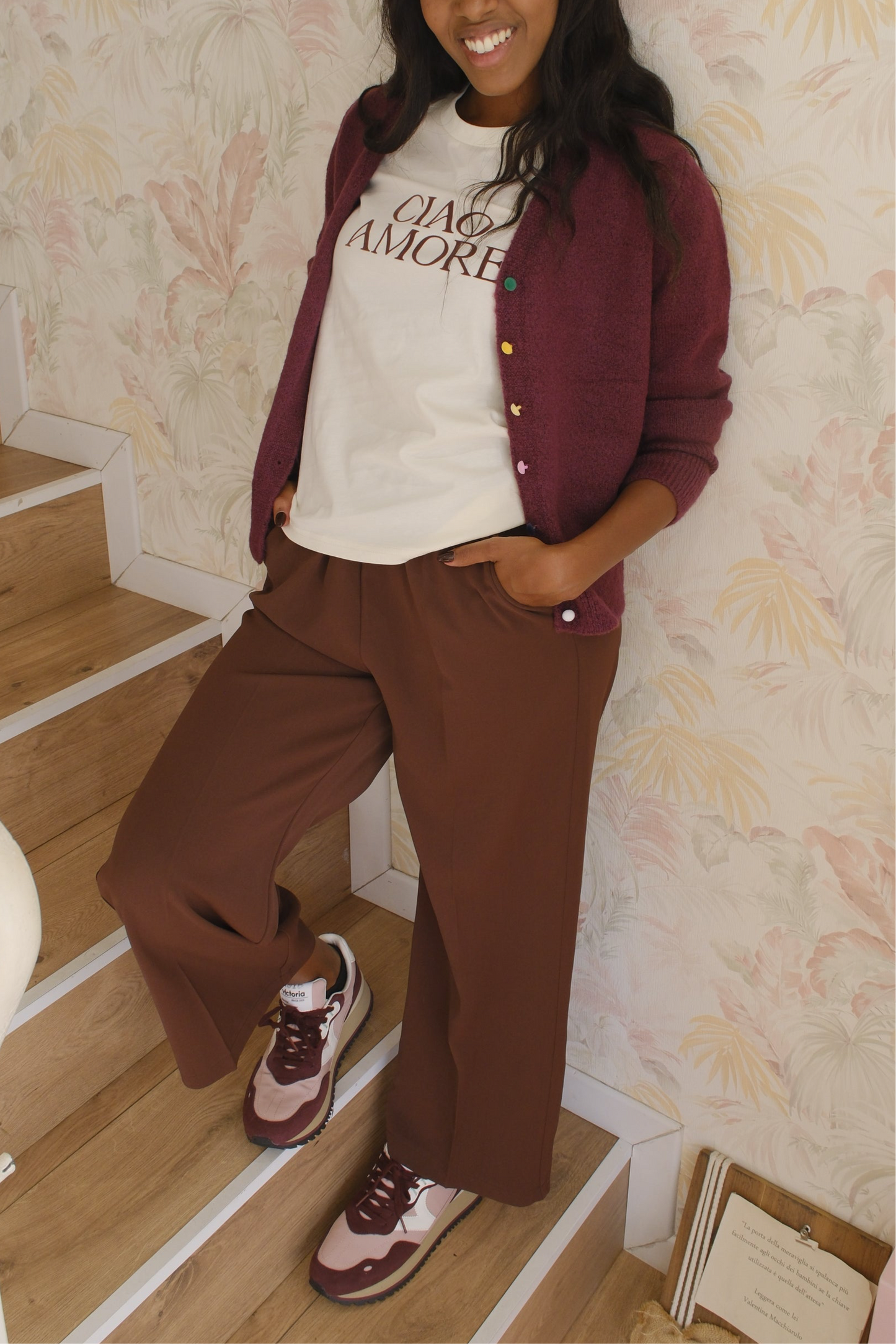 Pantaloni a palazzo elastico in vita - MARRONE