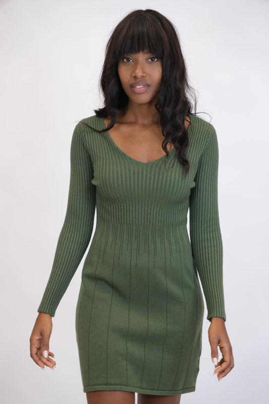 Abito maglia scollo V - VERDE