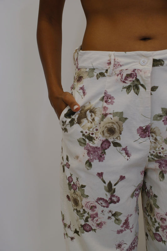 Pantalone Cotone Costine Floreale - PANNA