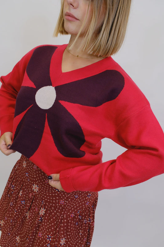 Maglia scollo v con fiore - ROSSO