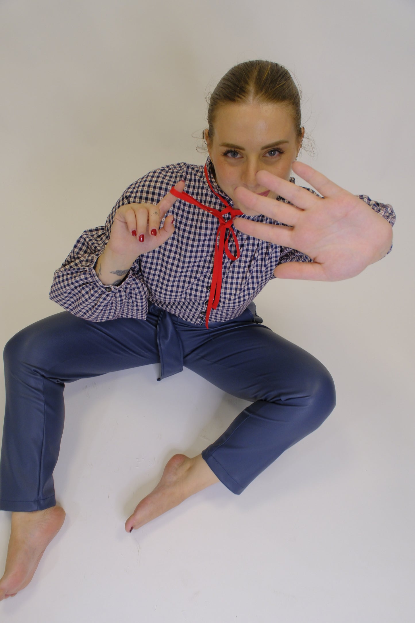 Camicia Quadretti Nastro Sul Collo - BLUE