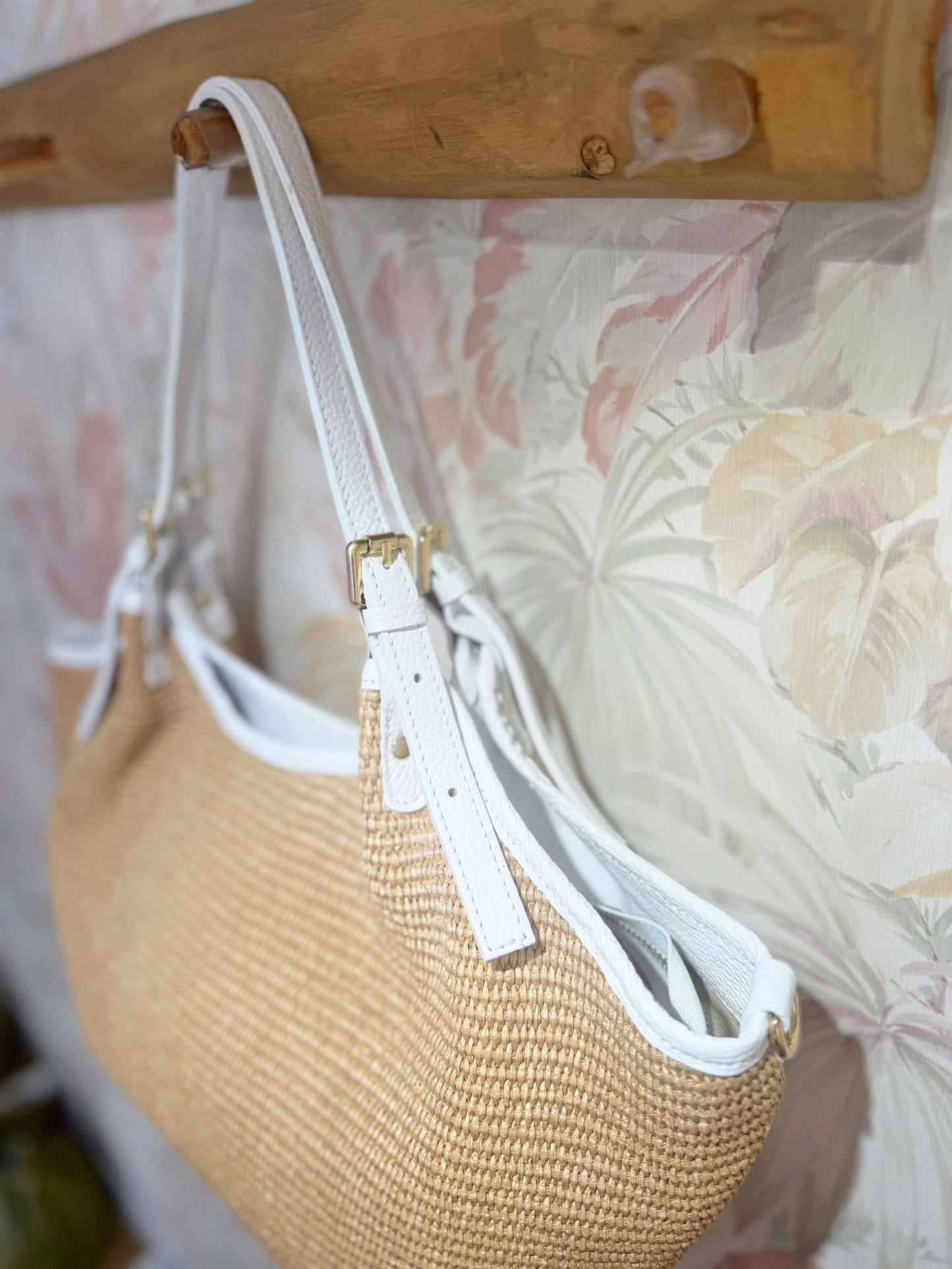 Borsa in rafia e vera pelle - BIANCO