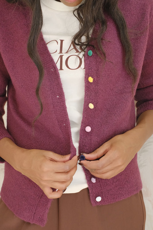 Cardigan scollo V bottoni colorati - BORDEAUX