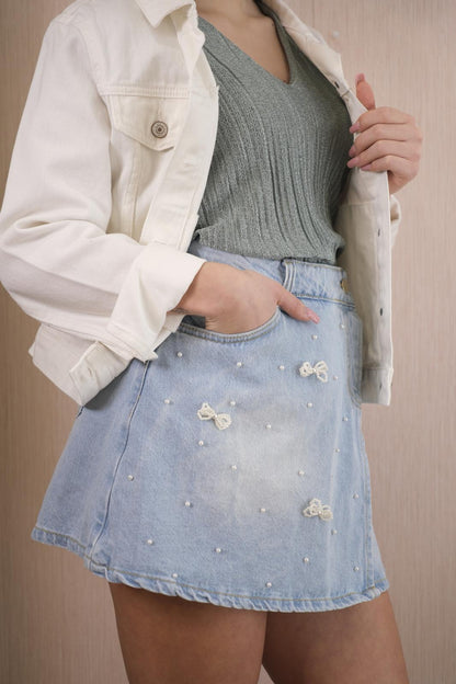 Gonna LOK622 fiocchi e perline - DENIM CHIARO