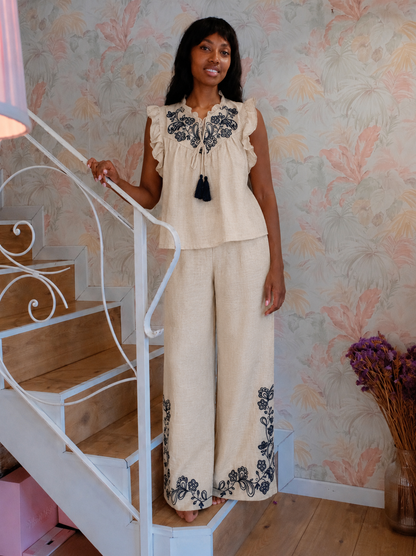 Completo ricami blusa con pantalone - BEIGE