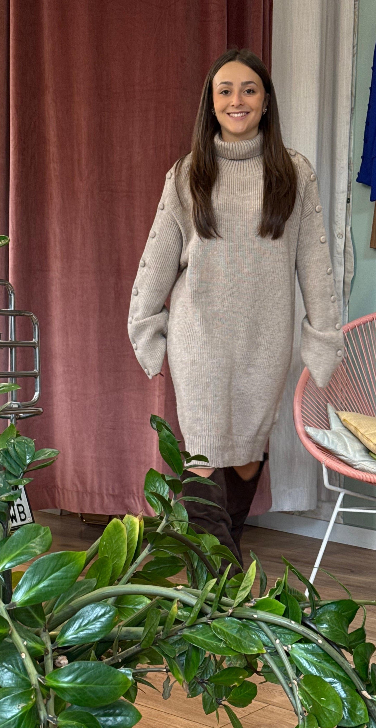 Abito in maglia over bottoni sulle maniche - TAUPE