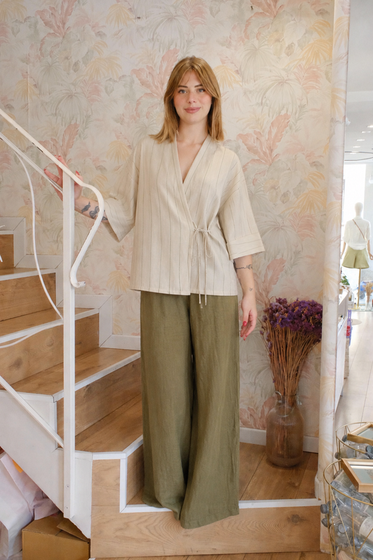 Kimono gessato con laccio - BEIGE
