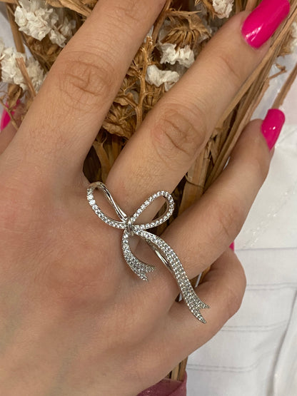 Anello Fiocco Strass Doppio - ARGENTO