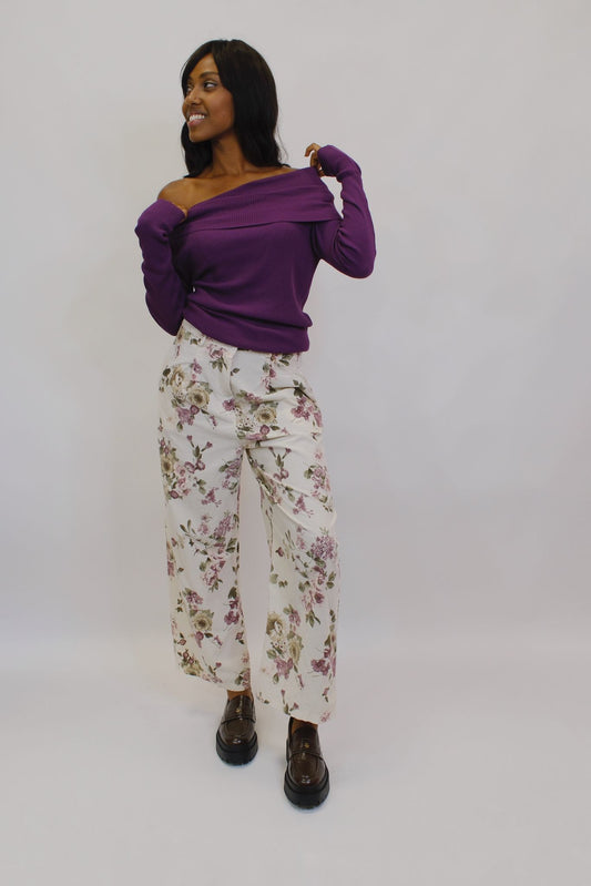 Pantalone Cotone Costine Floreale - PANNA