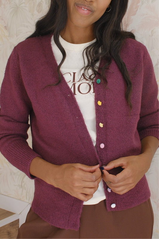 Cardigan scollo V bottoni colorati - BORDEAUX