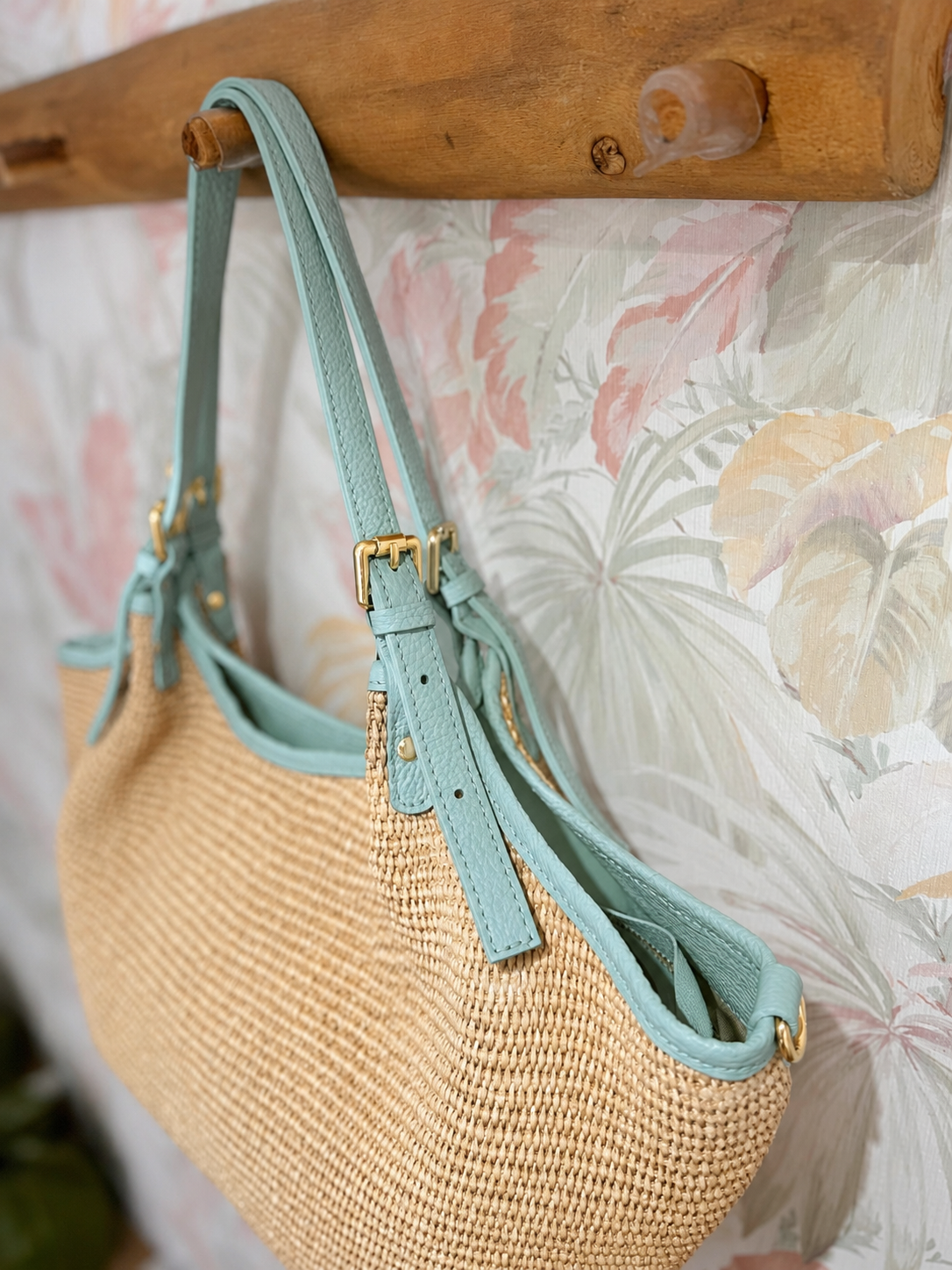 Borsa in rafia e vera pelle - VERDE MENTA