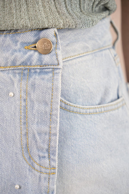 Gonna LOK622 fiocchi e perline - DENIM CHIARO