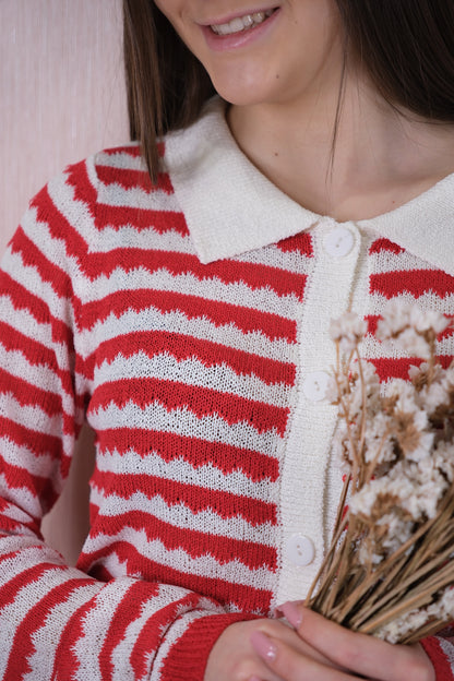 Cardigan 51C/10331 righe e colletto - BURRO/ROSSO