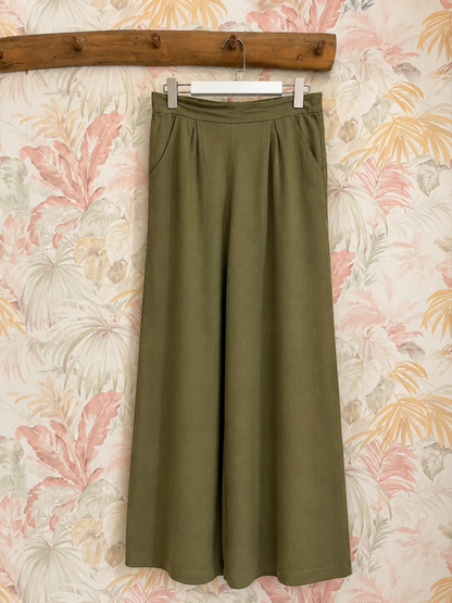 Pantaloni in lino tinta unita - VERDE MILITARE
