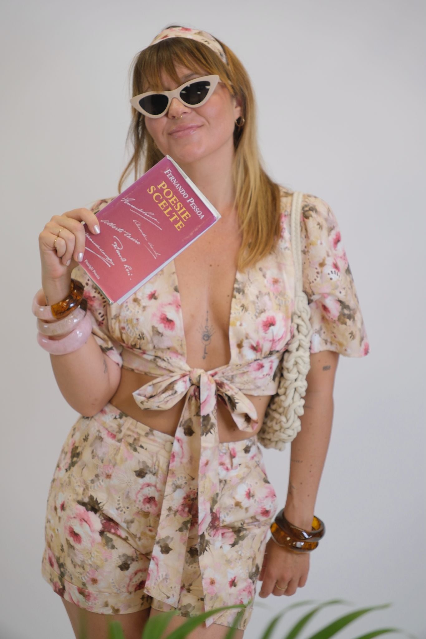 Completo Croptop a camicia e shorts Floreale - ROSA