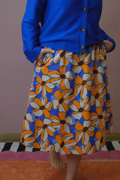 Gonna midi fantasia fiori - ARANCIONE