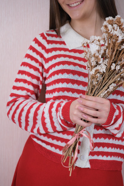 Cardigan 51C/10331 righe e colletto - BURRO/ROSSO