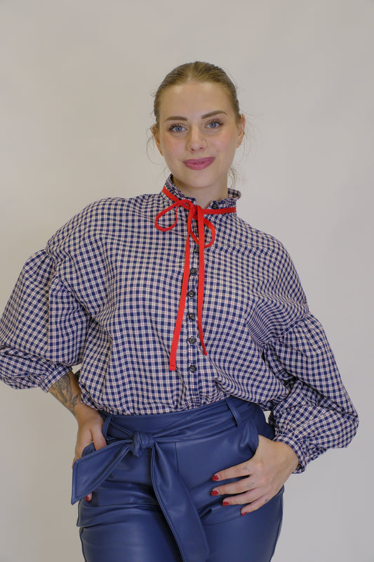 Camicia Quadretti Nastro Sul Collo - BLUE