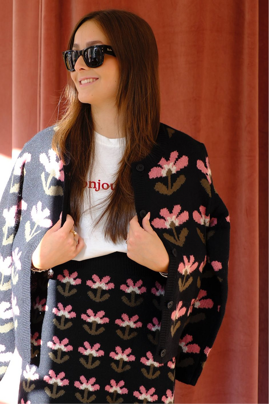 Cardigan girocollo fantasia fiori - NERO