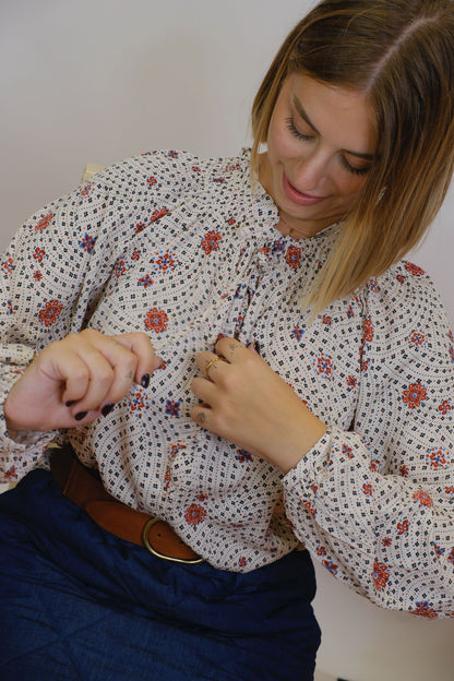 Blusa colletto arricciato fantasia floreale - BURRO