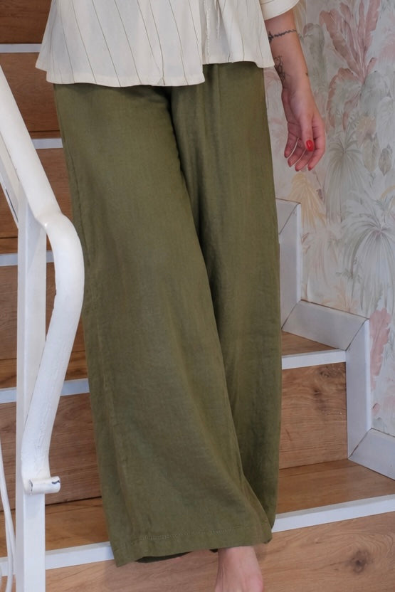 Pantaloni in lino tinta unita - VERDE MILITARE