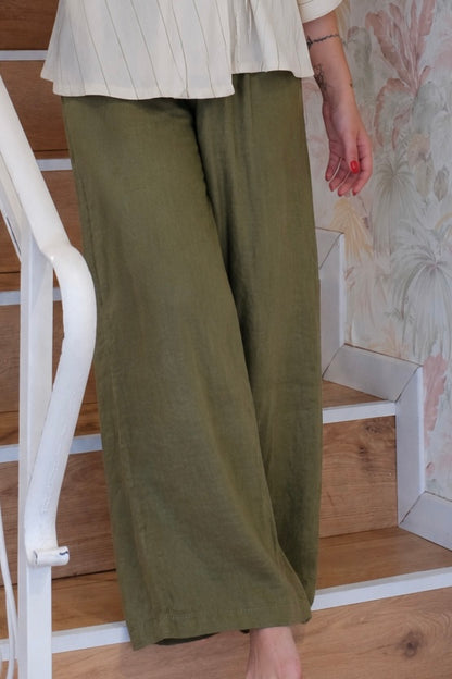 Pantaloni in lino tinta unita - VERDE MILITARE