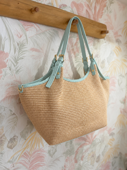 Borsa in rafia e vera pelle - VERDE MENTA