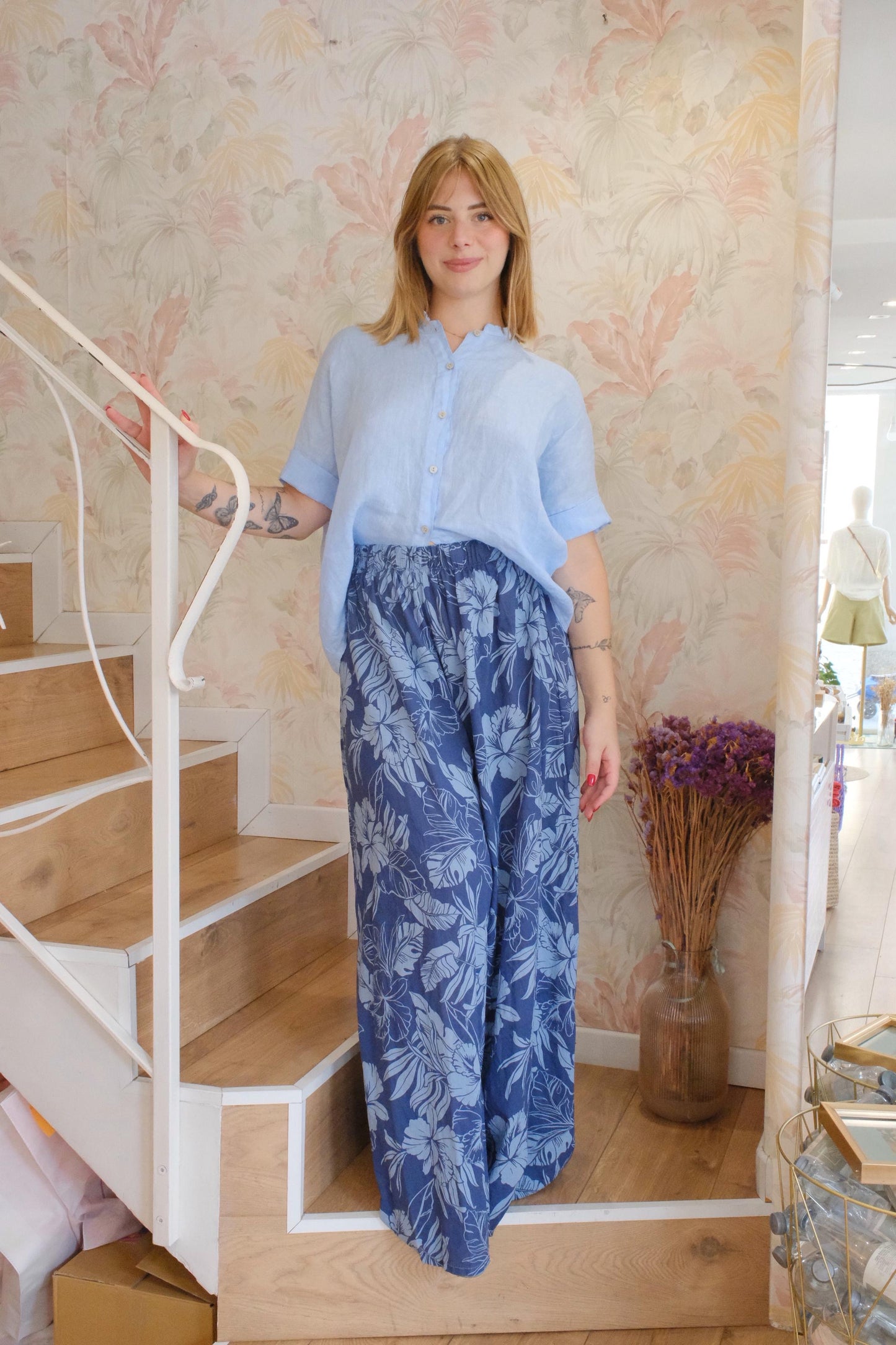Camicia maniche corte in lino - AZZURRO