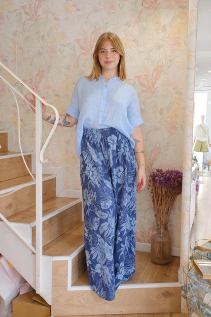 Camicia maniche corte in lino - AZZURRO