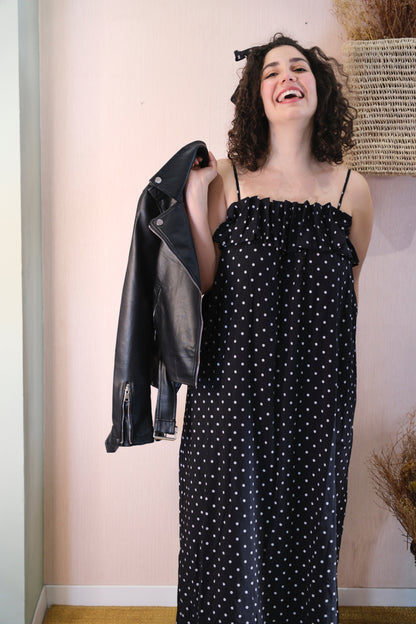Abito lungo con spalline fantasia a pois - NERO