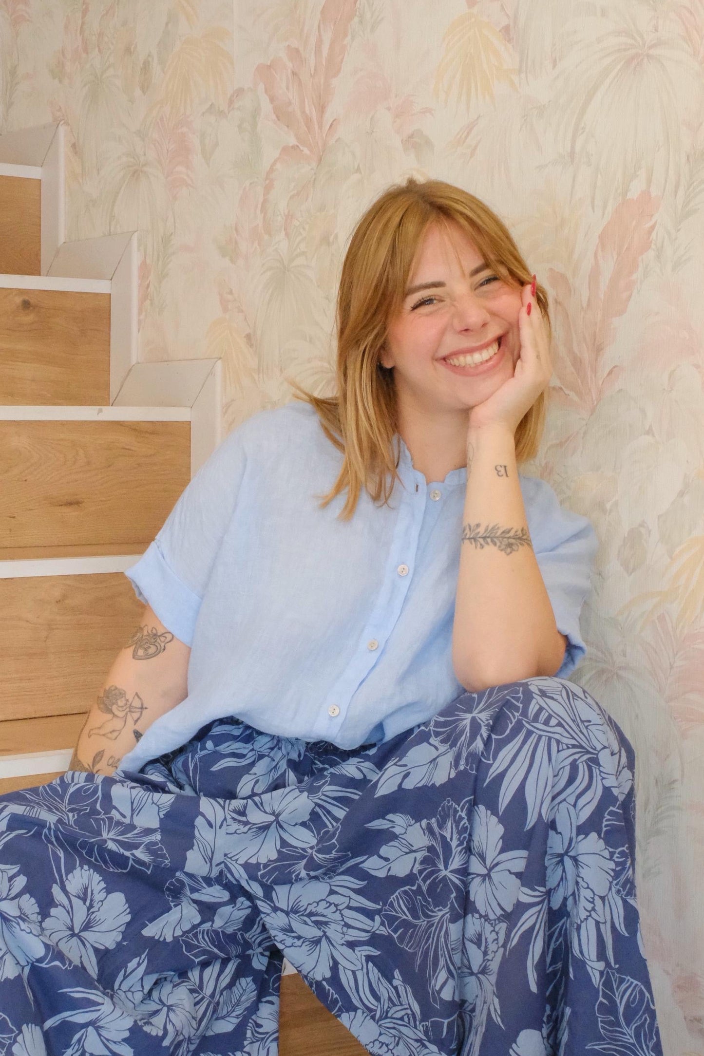 Camicia maniche corte in lino - AZZURRO