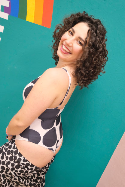 Costume con scollo a V stampa pois grandi - BIANCO