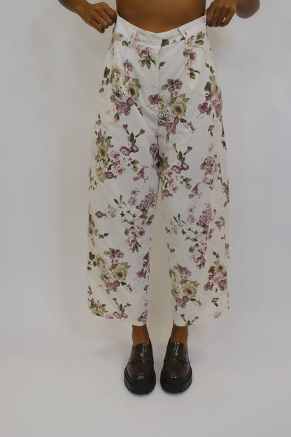 Pantalone Cotone Costine Floreale - PANNA
