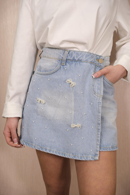 Gonna LOK622 fiocchi e perline - DENIM CHIARO